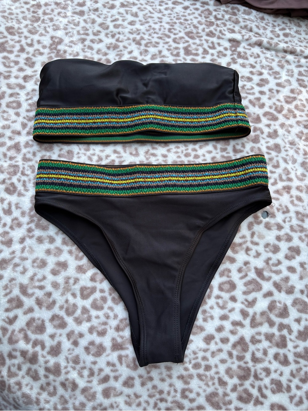 Boho Hippie Black Bandeau Bikini with Green & Gold Trim Size Small